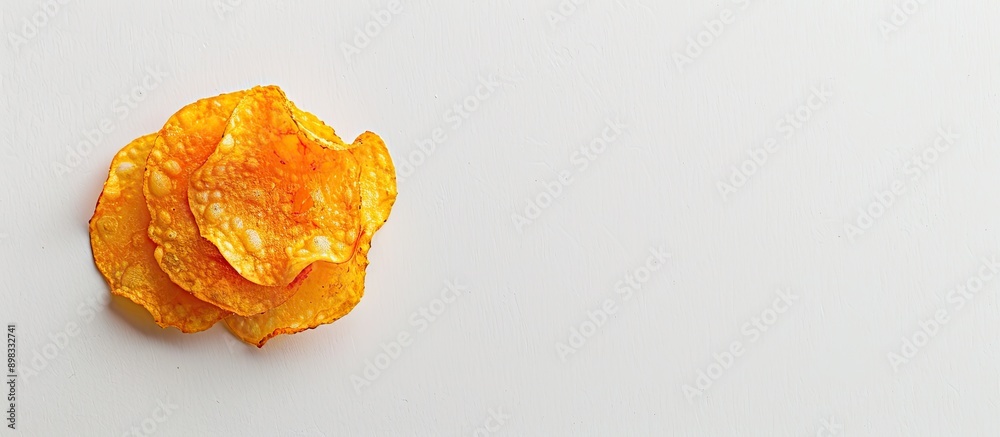 Poster Close up shot of a raw potato chip on a white backdrop isolated with ample copy space in a top down perspective