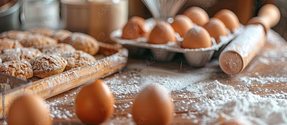 Aufkleber A baking scene with cakes eggs in a tray a rolling pin and a whisk on a table with flour and a blank background for a copy space image