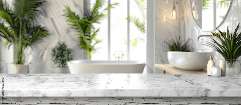 Poster blank marble table with blurred bathroom backdrop suitable for product display montage features ampl