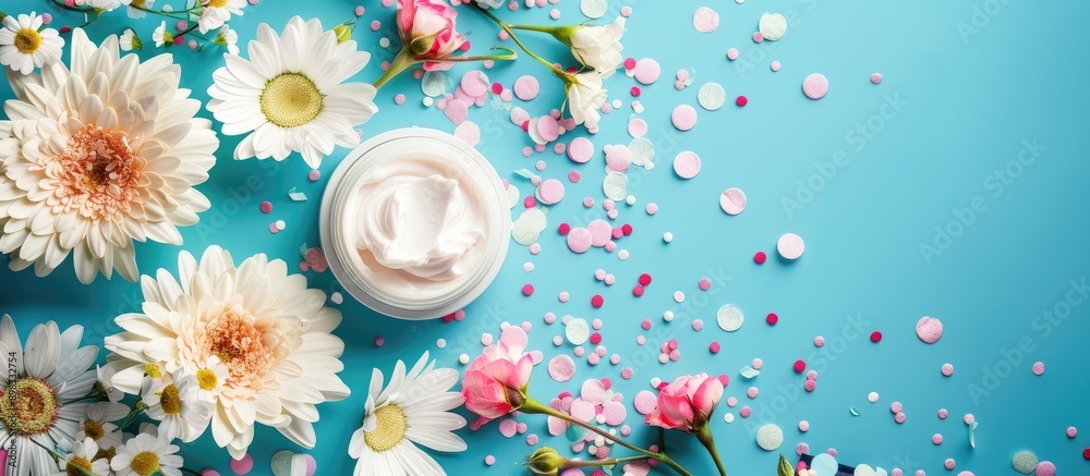 Poster cosmetic items with flowers confetti and accessories displayed against a blue background ideal for c