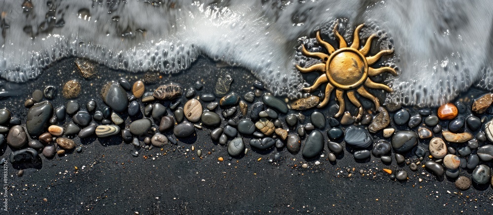 Poster A view from above featuring black sandy beach with a sun shaped arrangement of pebbles creating a scenic travel and vacation themed copy space image