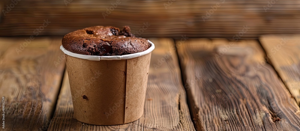Poster a brownie cake rests in a paper cup on a wooden table providing a backdrop for free text and adverti
