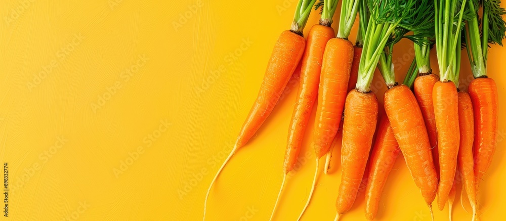 Poster Colorful background with fresh carrots in a flat lay composition allowing for text in the copy space image