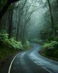 Obraz premium A winding road meandering through a lush forest with vibrant green foliage, enveloped in a soft mist