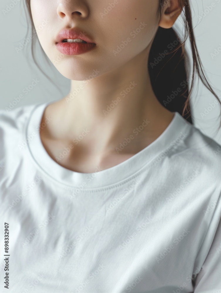 Wall mural A woman wearing a white t-shirt and black earrings, straightforward image for everyday use