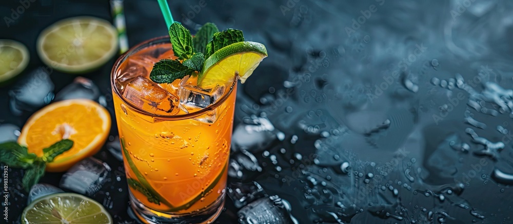 Poster Close up view of a refreshing mocktail in a citrus glass with ice straw lime and mint on a dark table with copy space image