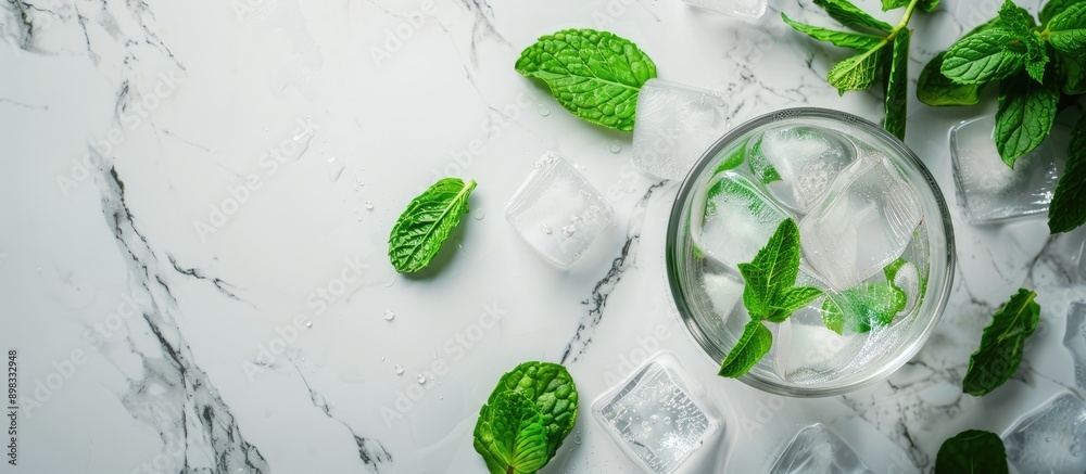 Poster closeup of a tantalizing mint liqueur with ice and green leaves on a white marble surface ideal for 