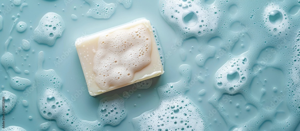 Fototapete top view of a bar of white soap surrounded by bubbles on a soft blue surface with room for text or i