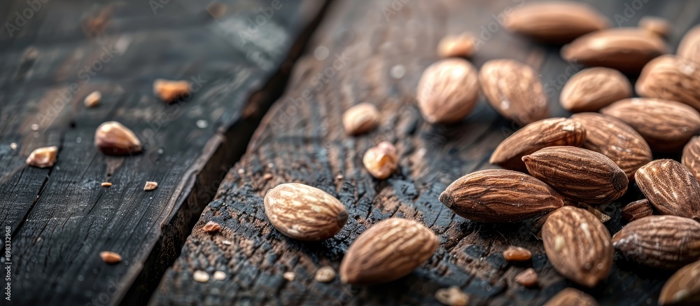 Poster almonds positioned on a dark wooden surface with a focus on their organic protein rich nature creati