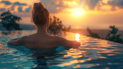 Fototapeta premium woman in a swimming pool at sunset