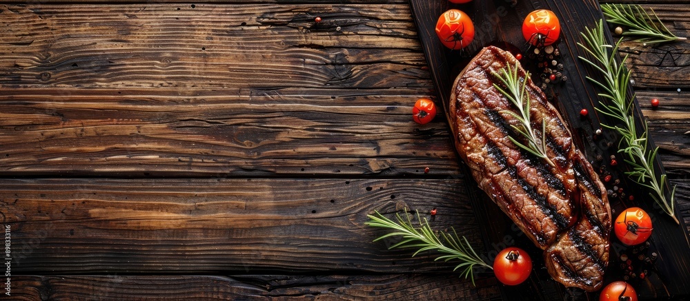 Poster beef steak on a dark wooden table with copy space image