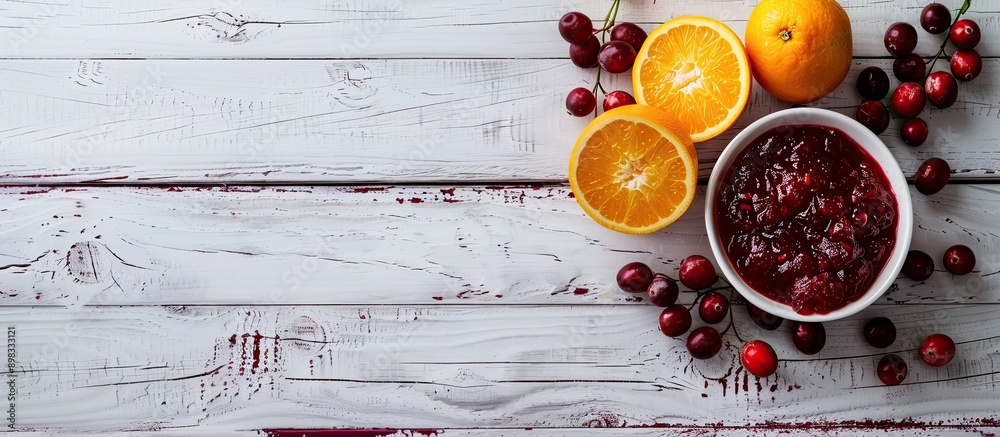 Leinwandbilder a composition of cranberry sauce and orange arranged on a white wooden table with room for text arou