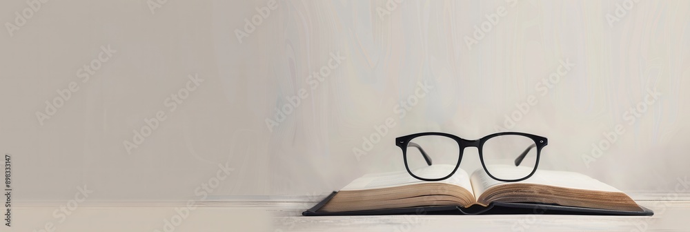 Poster Black eyeglasses are lying on top of an open book that is resting on a white table. Generative AI