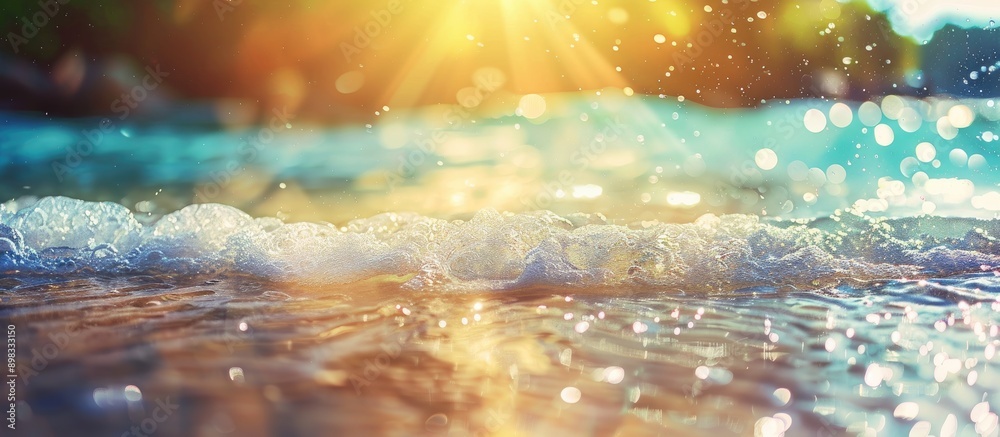 Poster abstract background of a blurred tropical beach illuminated by bokeh sunlight waves ideal for promot