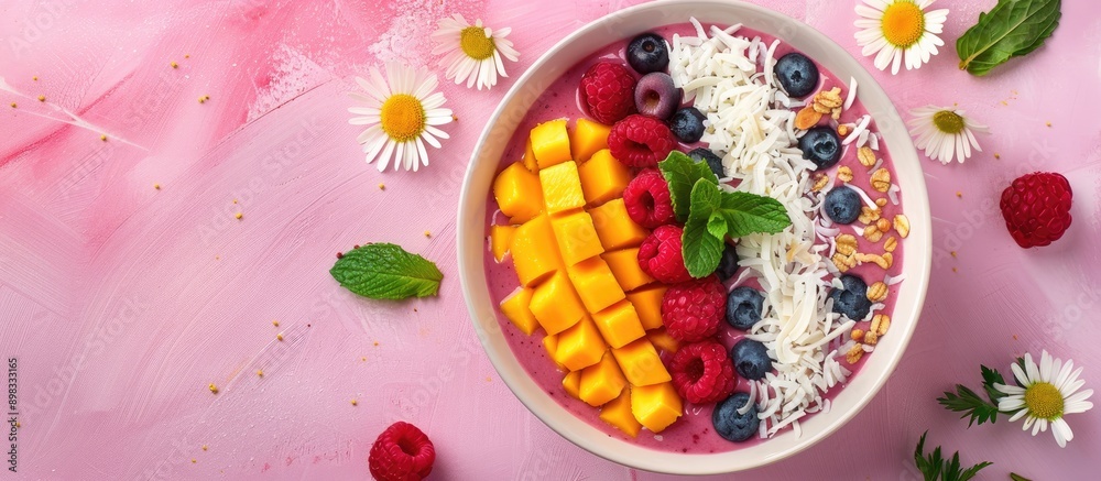 Poster top view of a berry smoothie bowl with mango and coconut perfect for a copy space image