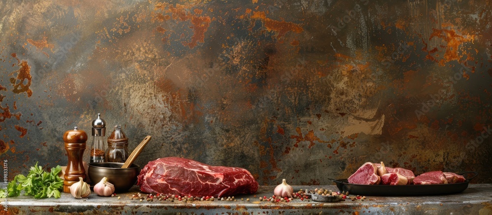 Poster cooking accessories arranged around raw meat on a kitchen table with a metallic background in a comp