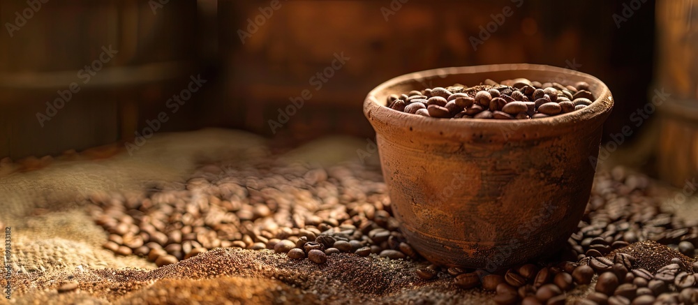 Poster coffee filled clay cup with grains in the background perfect for a copy space image