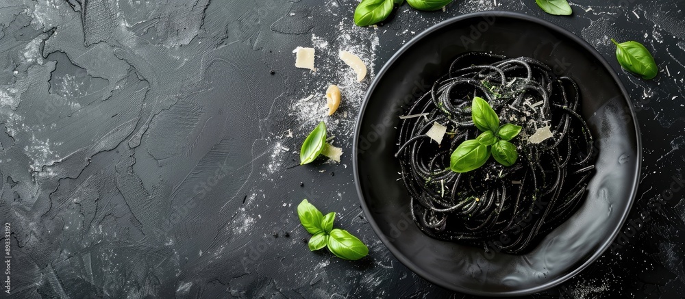 Aufkleber top view of black pasta spaghetti with squid ink pesto basil and cheese in a bowl on a dark backdrop