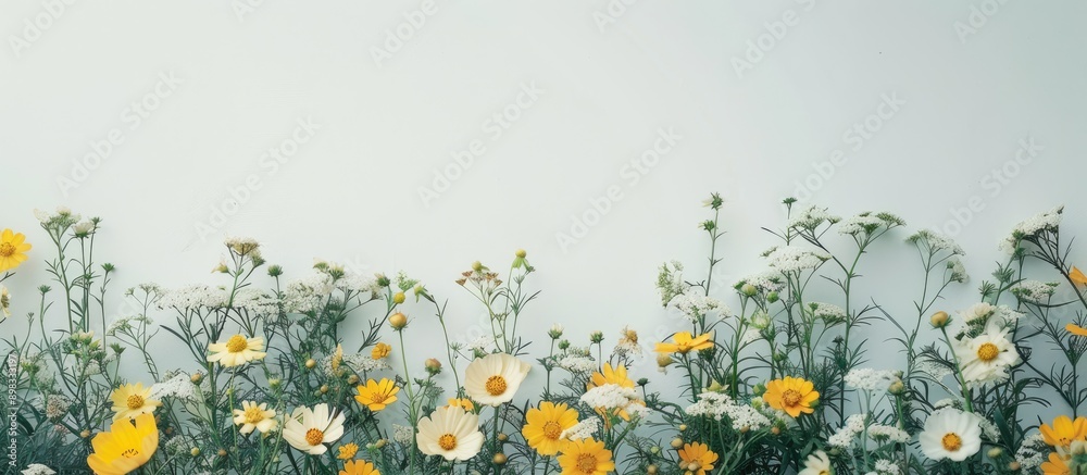 Aufkleber A close up image of yellow and white flowers in a flowerbed set against a white wall with ample copy space for adding text