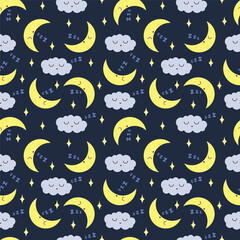 sleeping seamless pattern, the moon and clouds are sleeping against the background of the night sky with sparkling stars