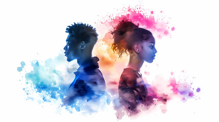 person with colorful watercolor splashes; girl and boy standing back to each other; concept of first love, enemies to lovers, differences, characters