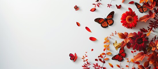 Autumn themed title frame mockup with yellow aesthetic red flowers and butterflies on white background suitable for adding copy space image