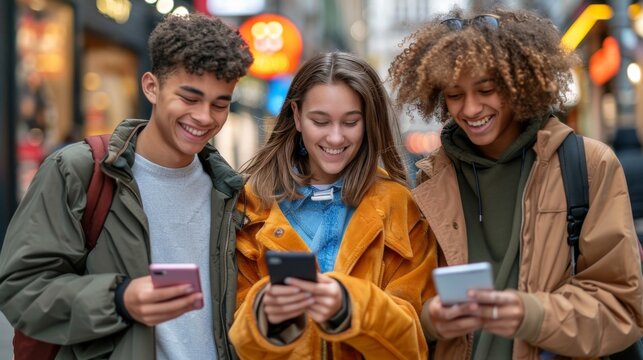 Happy multiracial teenagers friends holding mobile phones watching video, chatting, communication online. Technology addiction, social media concept. Gen Alpha kids. Generative ai.