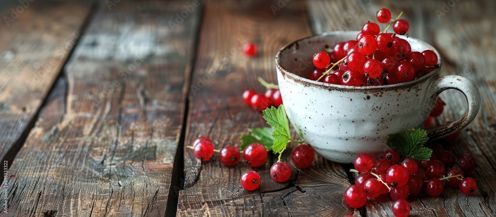 Poster A dark rustic wooden table with a cup filled with fresh red currants with a background suitable for adding text or other images Focus on the currants. Creative banner. Copyspace image