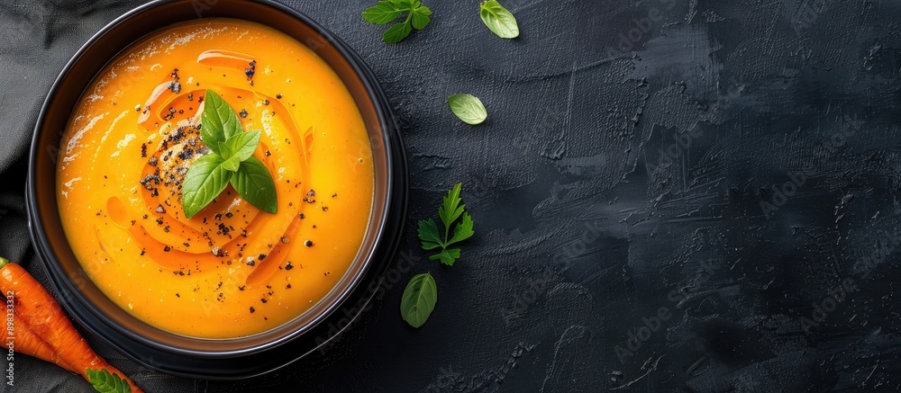 Poster Delicious carrot cream soup in a bowl displayed for a top view offering a captivating copy space image