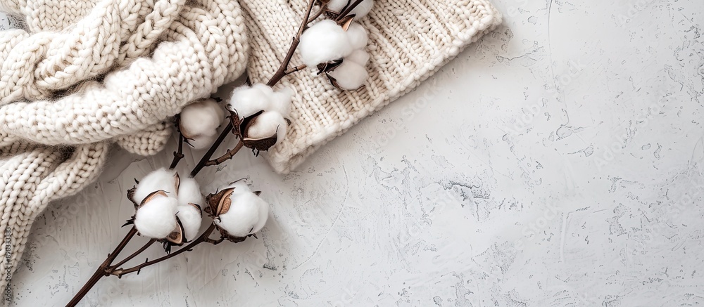Poster display of cozy knitted garments with a cotton branch for a copy space image