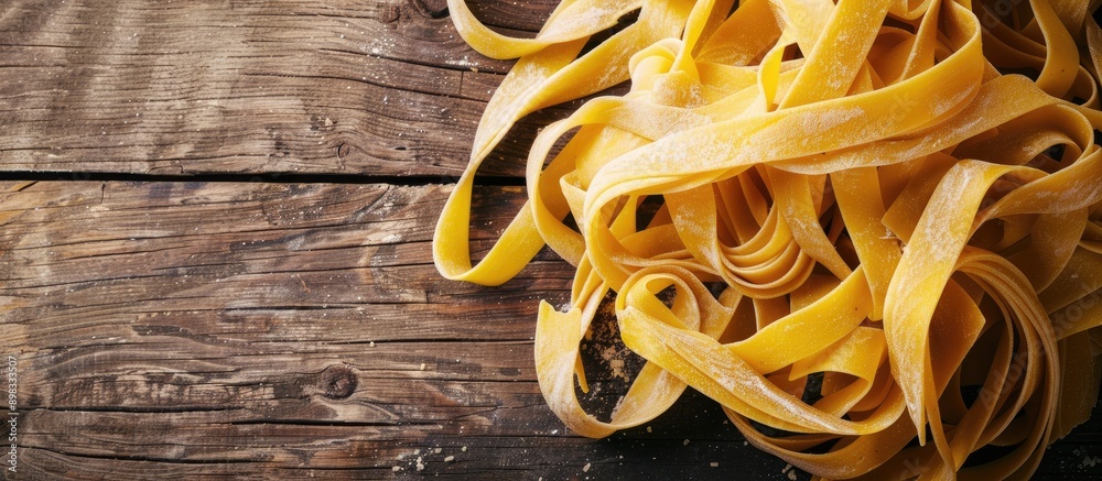Poster a close up image of homemade tagliatelle pasta displayed on a wooden surface with copy space image a