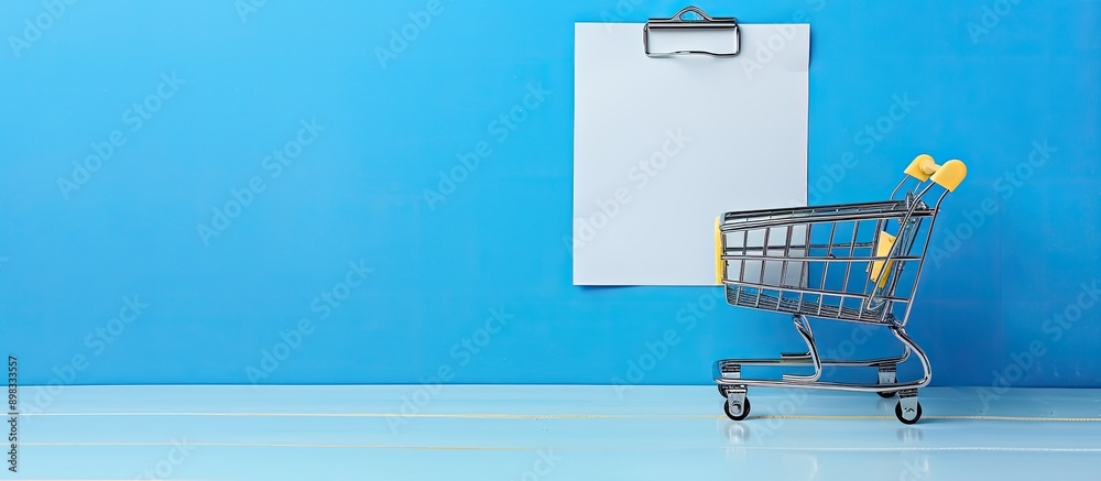 Leinwandbilder Blue background with a shopping cart and text highlighting key points on a white paper note list creating a shopping list concept with copy space image
