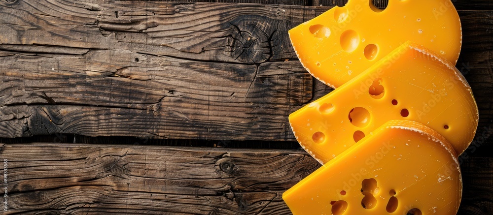 Poster Top down view of Maasdam cheese slices in yellow hue on a wooden backdrop with ample space for additional images