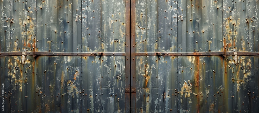 Aufkleber an aged weathered metal panel providing a rustic backdrop for a copy space image