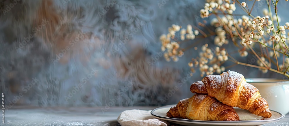 Poster Breakfast table decorated with a French croissant providing a delightful view in a copy space image