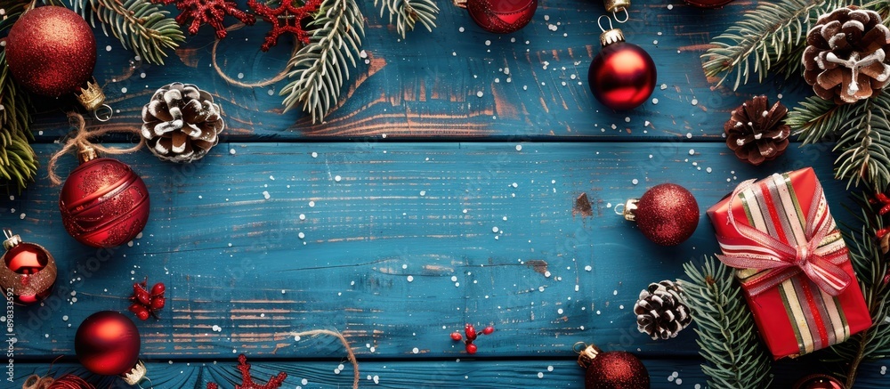 Poster a blue wooden table displaying christmas items with available copy space for a festive background im