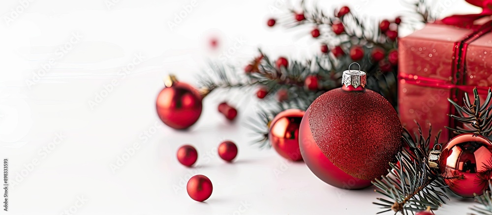 Poster Decorative Christmas items displayed against a white backdrop including a red ornament and a gift box in a festive setting with copy space image