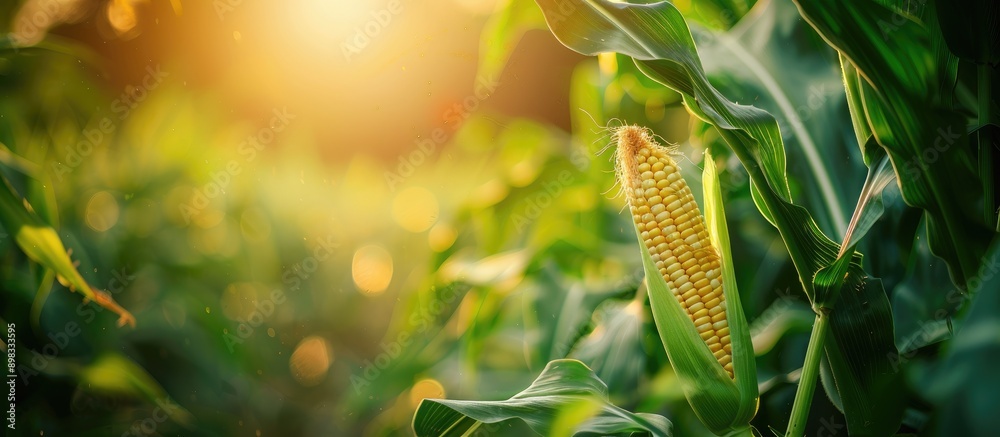 Poster close up view of green maize corn in a summer farm setting with just picked corn on the cob providin