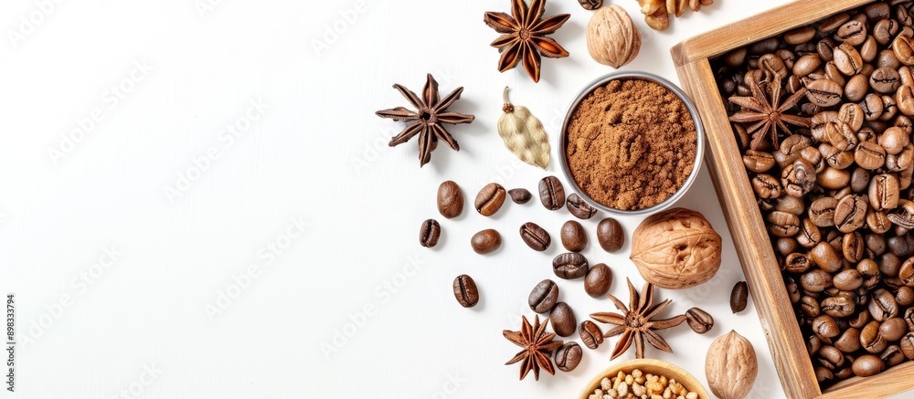 Aufkleber A beautiful display featuring coffee beans walnuts in a wooden box and spices on a white background viewed from the top with a flat lay perspective including copy space image for text and design