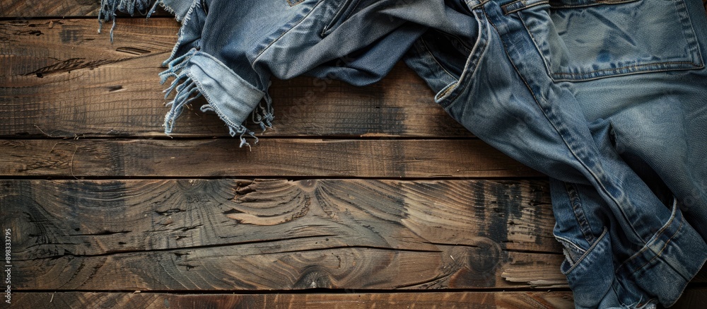Poster denim jeans with a ripped finish lie on a rustic wooden surface providing a versatile background for