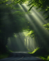 Obraz premium A winding road meandering through a dense forest, enveloped in a mist