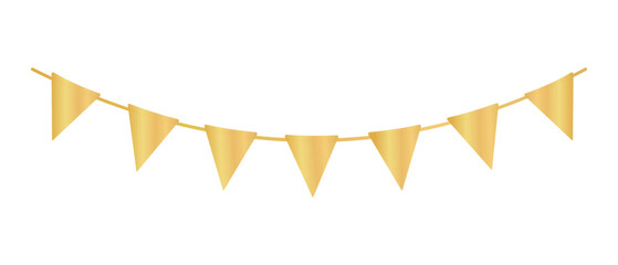 Hanging golden garland. Pennant border isolated on white background. Triangle flags. Vector clipart