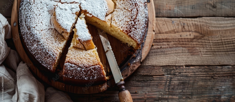 Poster A delectable cake with condensed milk displayed on a wooden backdrop while a knife slices a portion creating a delightful scene in the copy space image