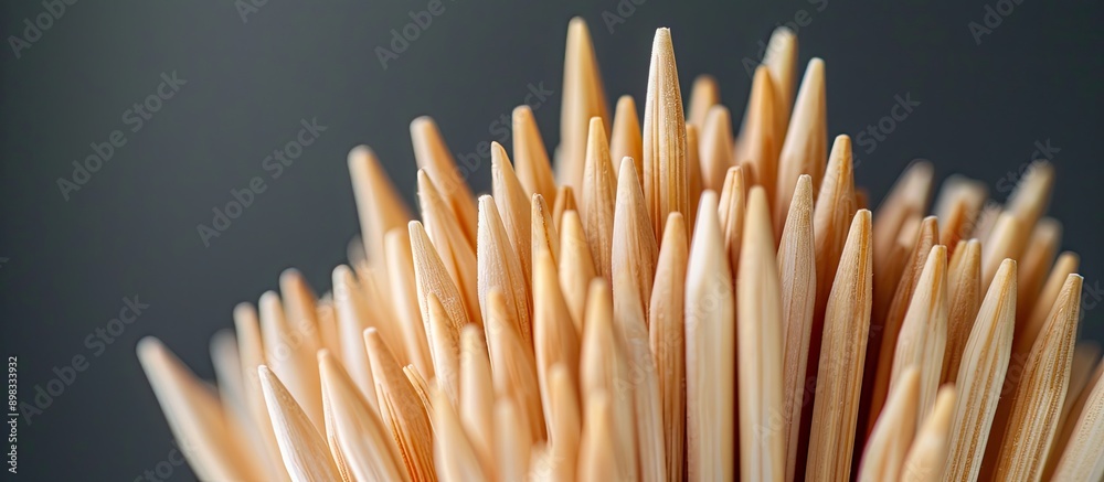 Fototapete Close up macro shot of sharp toothpicks arranged uniquely against a grey backdrop with ample copy space image