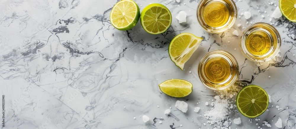 Aufkleber a flat lay composition featuring mexican tequila shots lime slices and salt arranged on a grey marbl