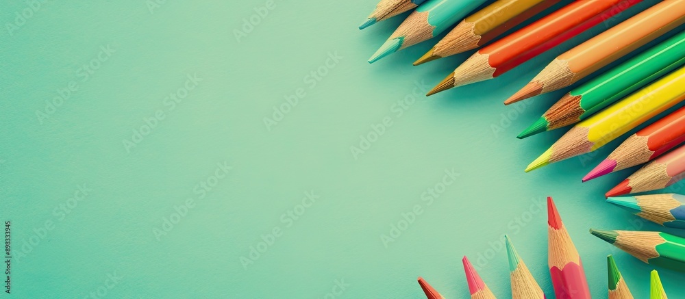 Poster Colorful text and drawings by colored pencil on a pastel green background create a back to school theme with an empty area for text a copy space image