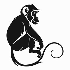 Sitting monkey black silhouette with long tail. Vector design element for logo, icon, print