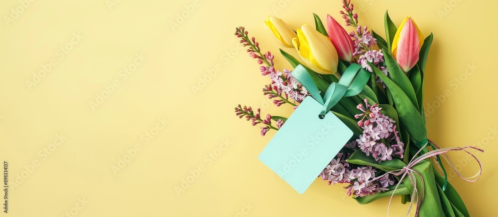 Aufkleber Top view of a bouquet of tulips and lilacs wrapped in ribbon with a cyan blue price tag against a light yellow backdrop evoking a spring and festive atmosphere with copy space image available