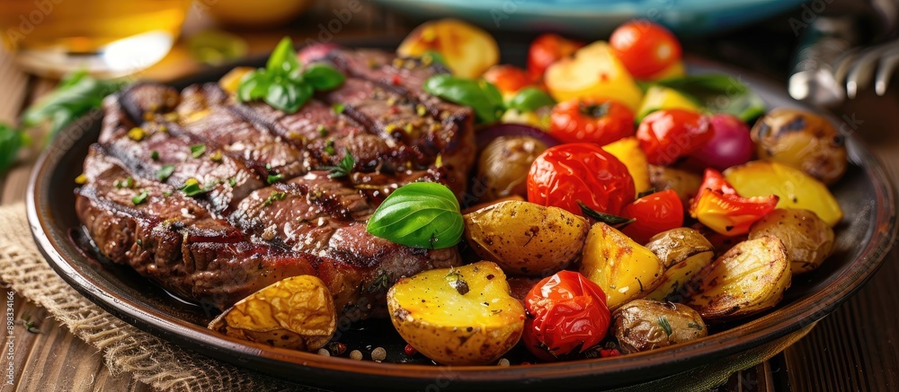 Poster delicious beef steak plated with roasted potatoes and vegetables perfect for a copy space image