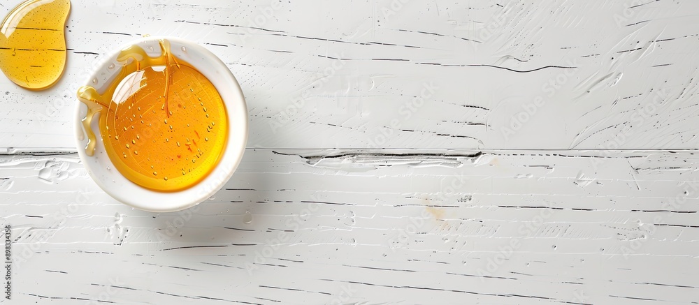 Poster A dollop of honey showcased on a bright white wooden surface with empty space for custom text or image. Creative banner. Copyspace image
